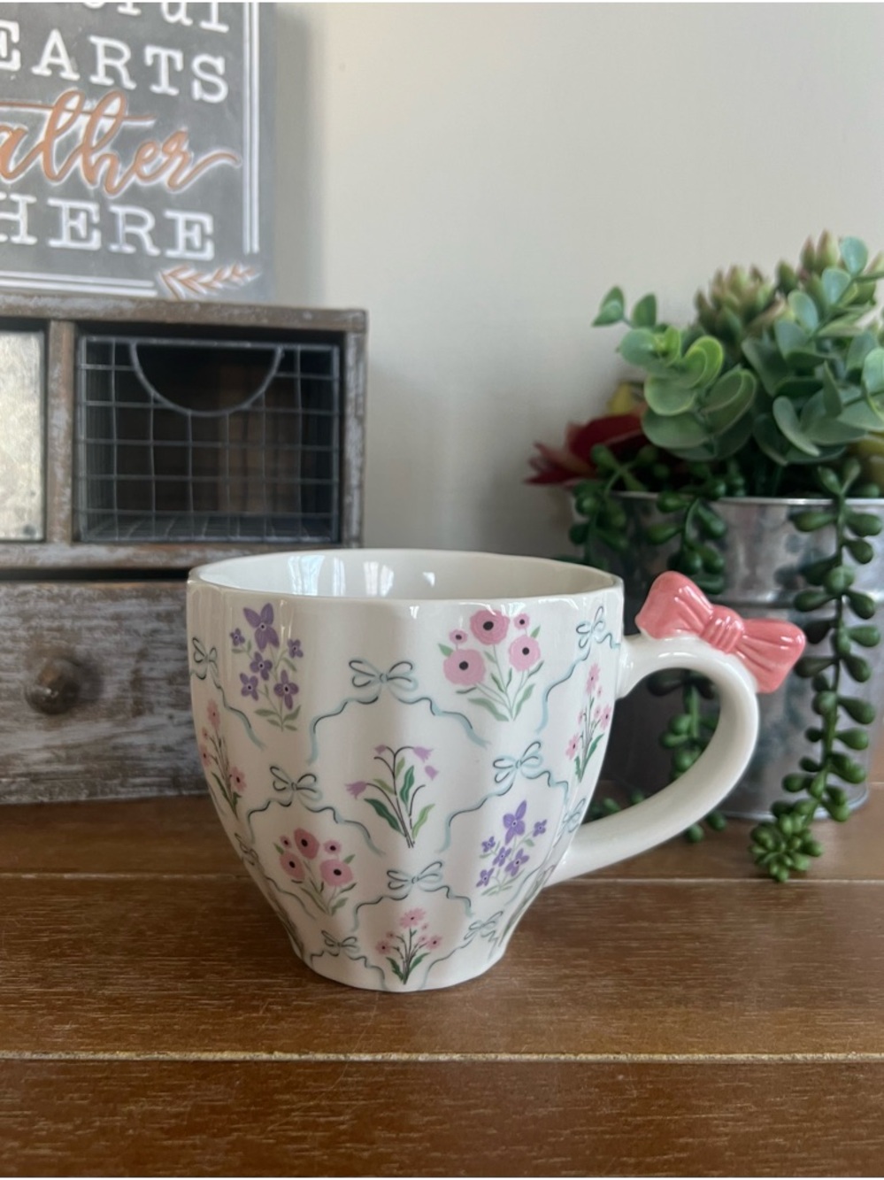 New Ceramic Floral Lattice & Bow Mug
